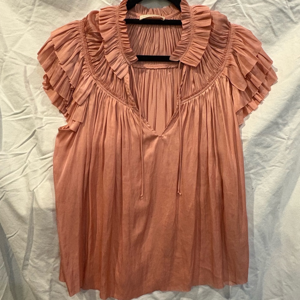 Ulla Johnson Liv Satin Ruffled Top, blush rose / size 6